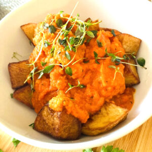 Vegan roasted potatoes patatas bravas served at a UK wedding by Vegan Junkies