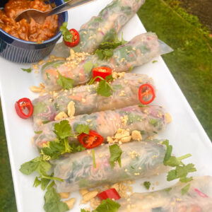 Vegan Vietnamese spring rolls with chilli and peanut dipping sauce served as canapés at a UK wedding