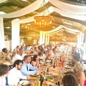 Guests seated at long tables enjoying a vegan wedding breakfast in a warmly lit UK wedding venue